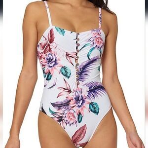 Jessica Simpson Fiji Fever Button-Up Maillot One-Piece White purple swimsuit M